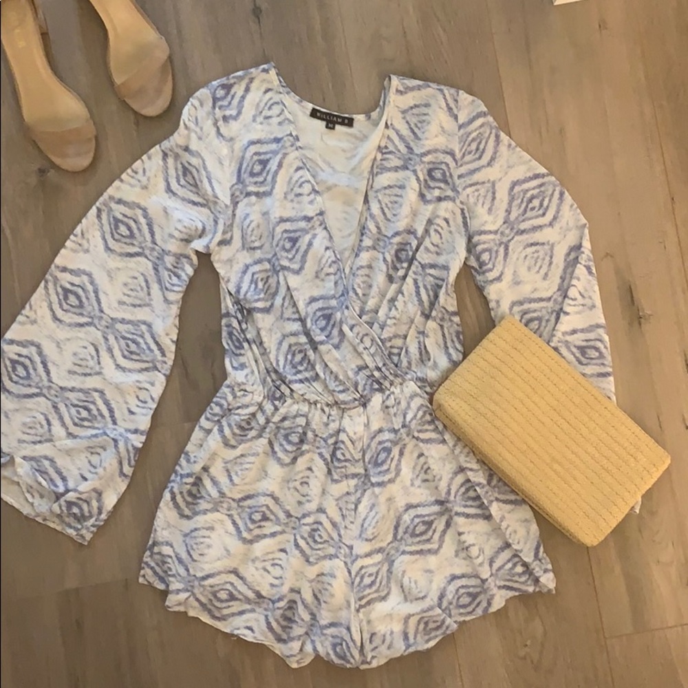William B Cross Front Romper Long Bell Sleeve